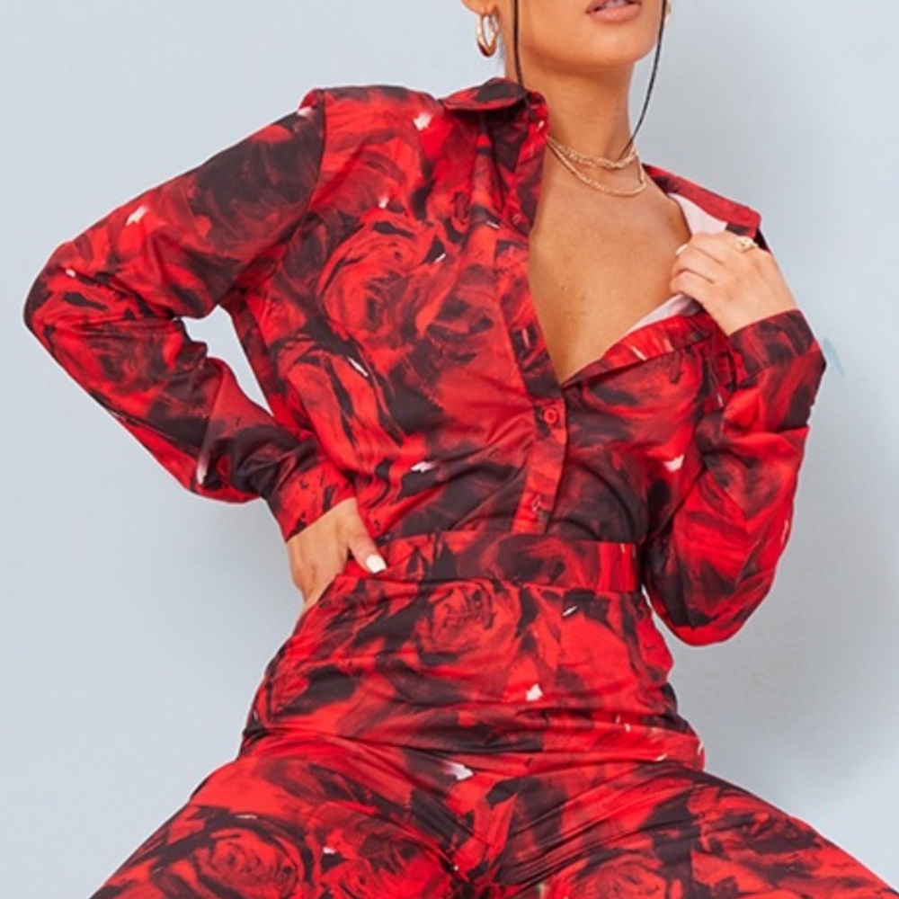 SEE VIDEO. Rose Detail Top, long sleeve, red shirt, Dress shirt. SHIP FAST!!!!